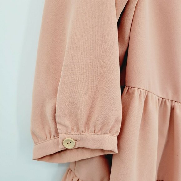 Entro Button-up Tiered Tunic Pink Size L Quarter Sleeve Solid Ruffle Split Neck - Picture 3 of 11